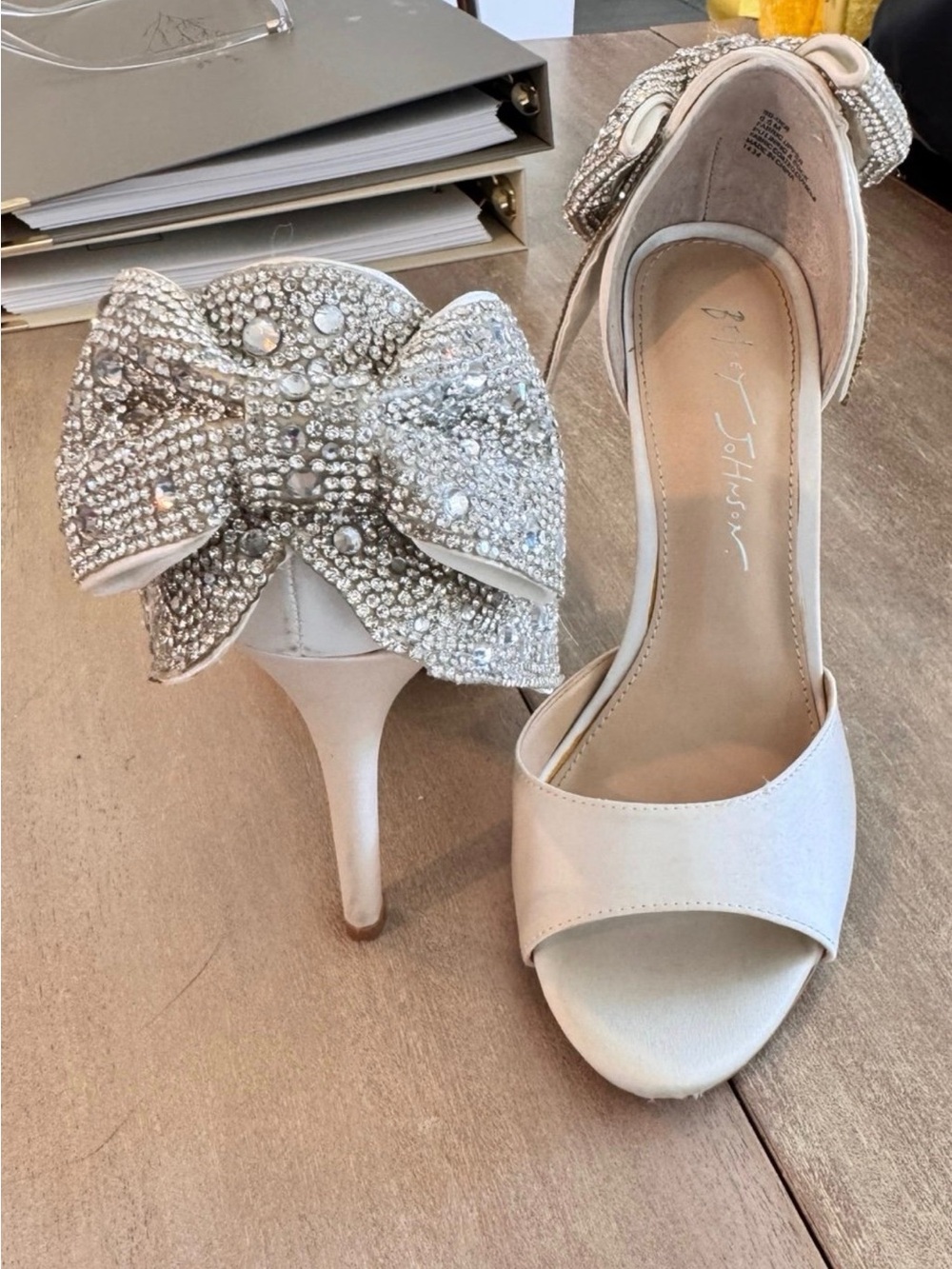 Betsey Johnson Ivory Crystal Bow Open-Toe Heels with Embellished Accent